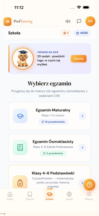 Wybór egzaminu w sekcji Szkoła