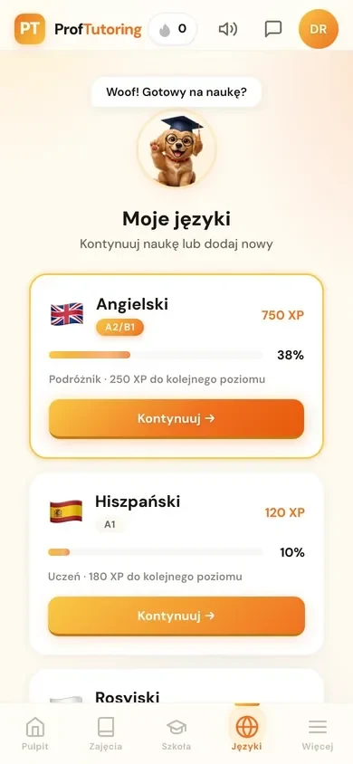Zakładka Moje języki w aplikacji ProfTutoring: angielski na poziomie A2/B1, 750 XP, przycisk Kontynuuj