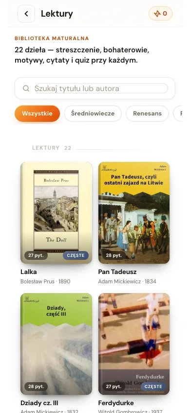 Aplikacja ProfTutoring: biblioteka maturalna z 22 lekturami, między innymi Lalka, Pan Tadeusz i Dziady cz. III