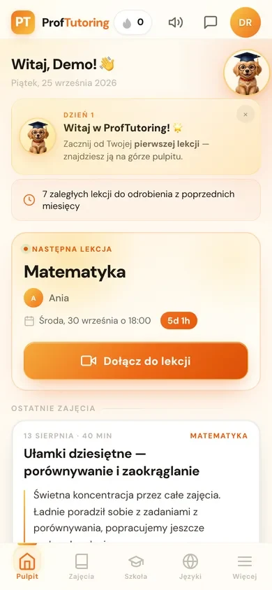 Pulpit rodzica w aplikacji: termin lekcji i przycisk Dołącz do lekcji