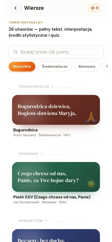 Aplikacja ProfTutoring: tomik maturalny z 26 wierszami, od Bogurodzicy po romantyzm