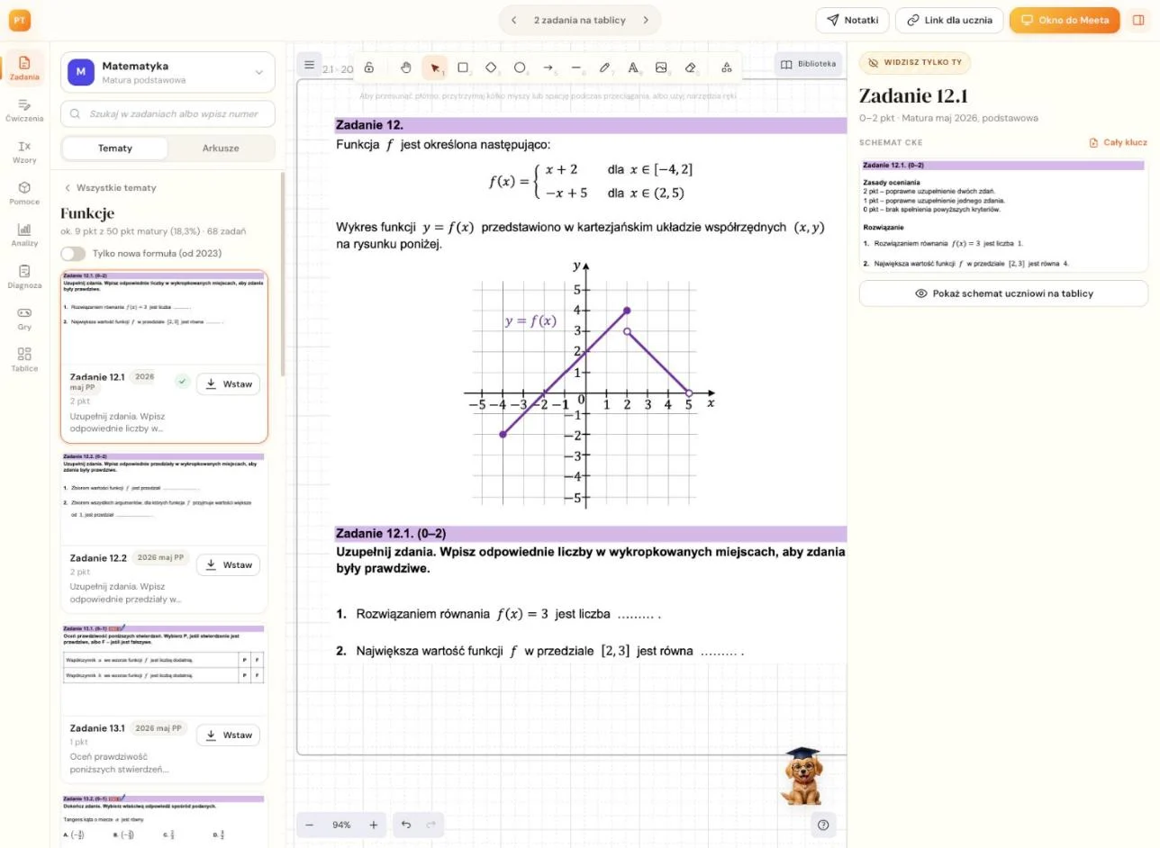 Tablica korepetytora ProfTutoring: po lewej zadania CKE z działu, na środku zadanie z wykresem, po prawej schemat oceniania z klucza